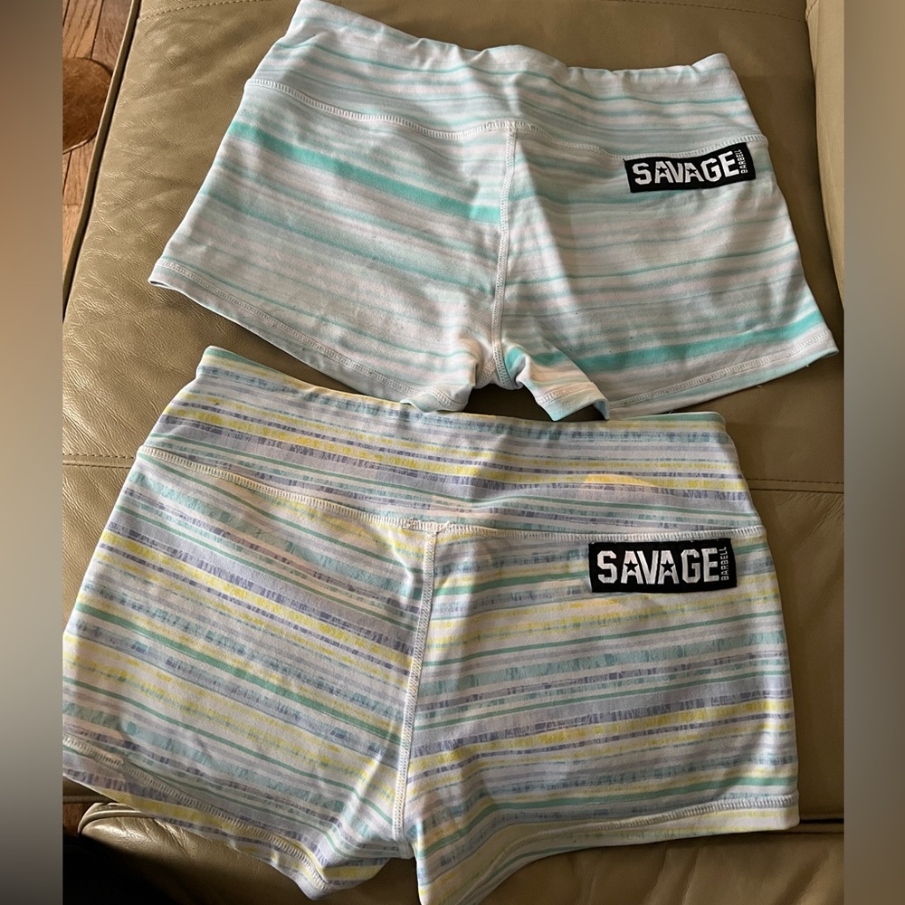 Pair Savage Barbell Striped Booty Shorts CrossFit Workout